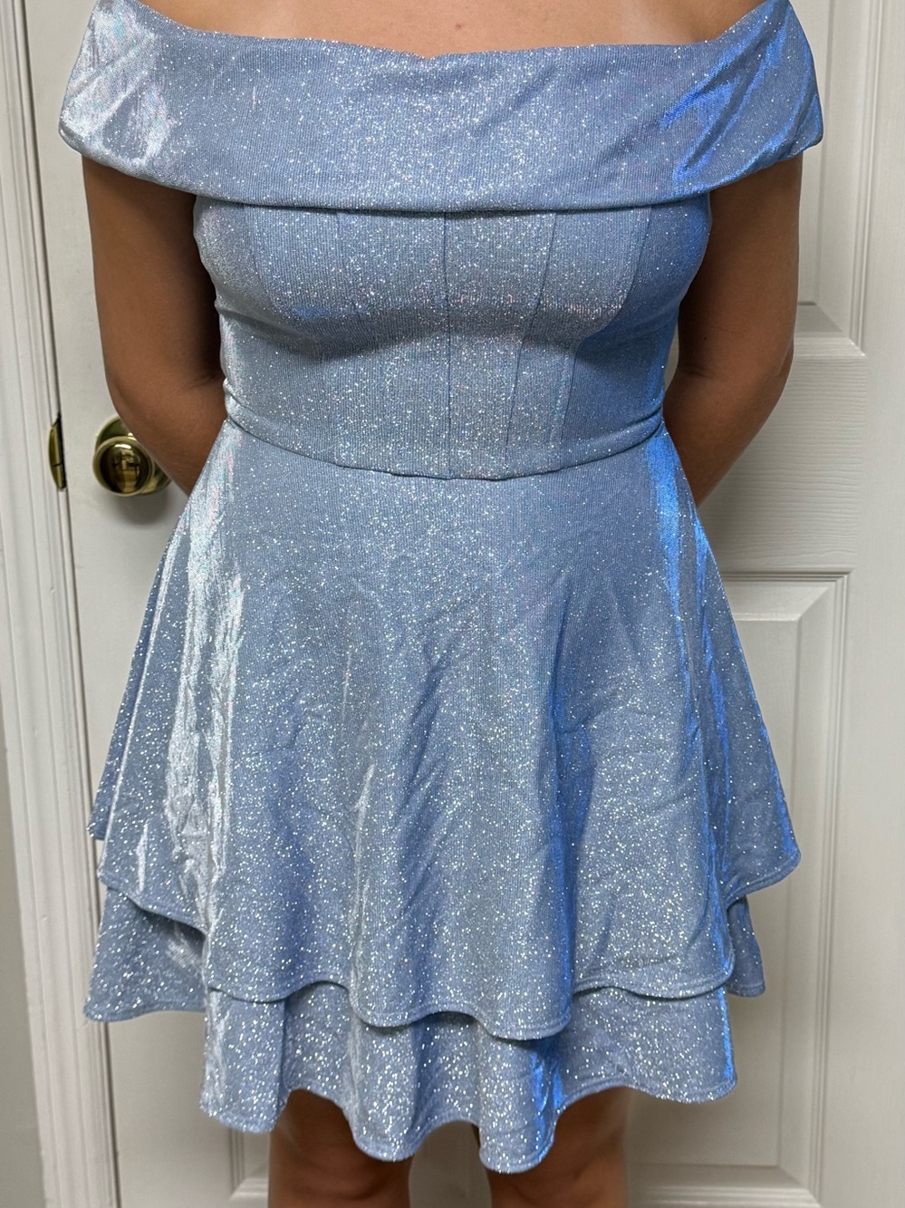 B Darlin Light Blue Glitter Off-Shoulder Party Dress 9/10